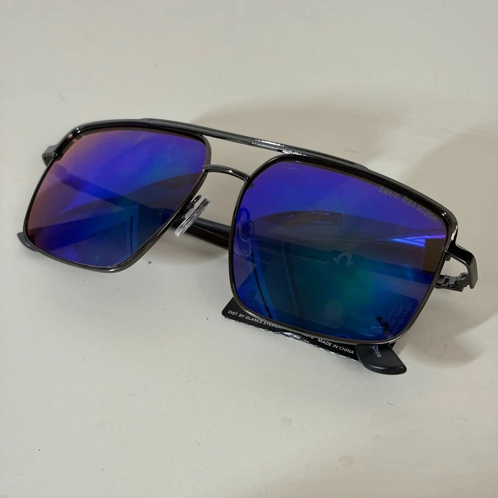 True Religion Unisex Gunmetal Aviator Sunglasses Blue Mirror UV400 TRM1881 NWT